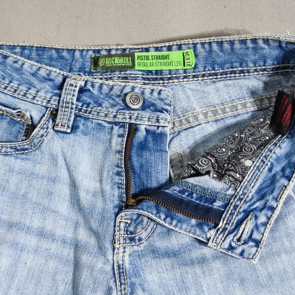 Rock & Roll Denim men's size 31X34 hard washed denim blue Pistol Straight jeans - Picture 13 of 16